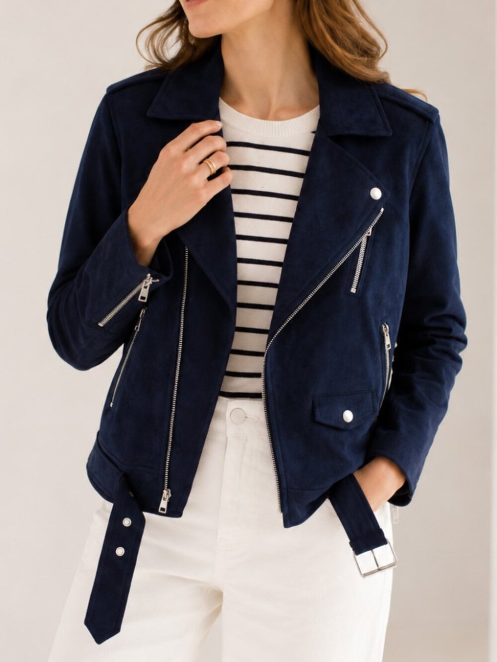 NWT Theory Faux Suede Moto Biker Jacket Brilliant Navy Large Vegan Leather